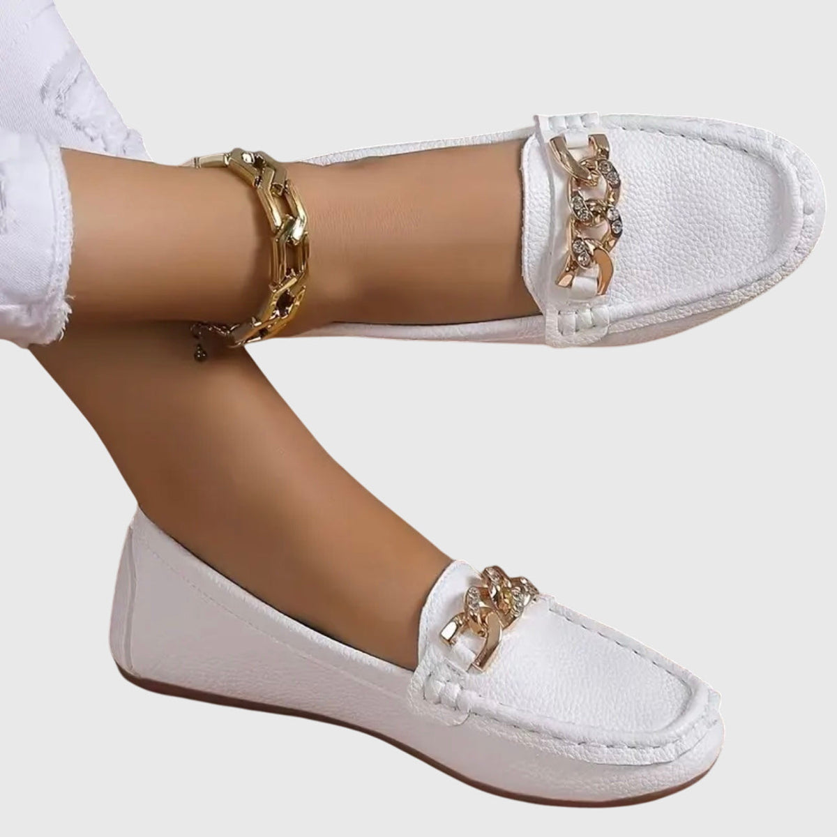 Chique Flat Loafers with Gold Chain Detail and Square Toe