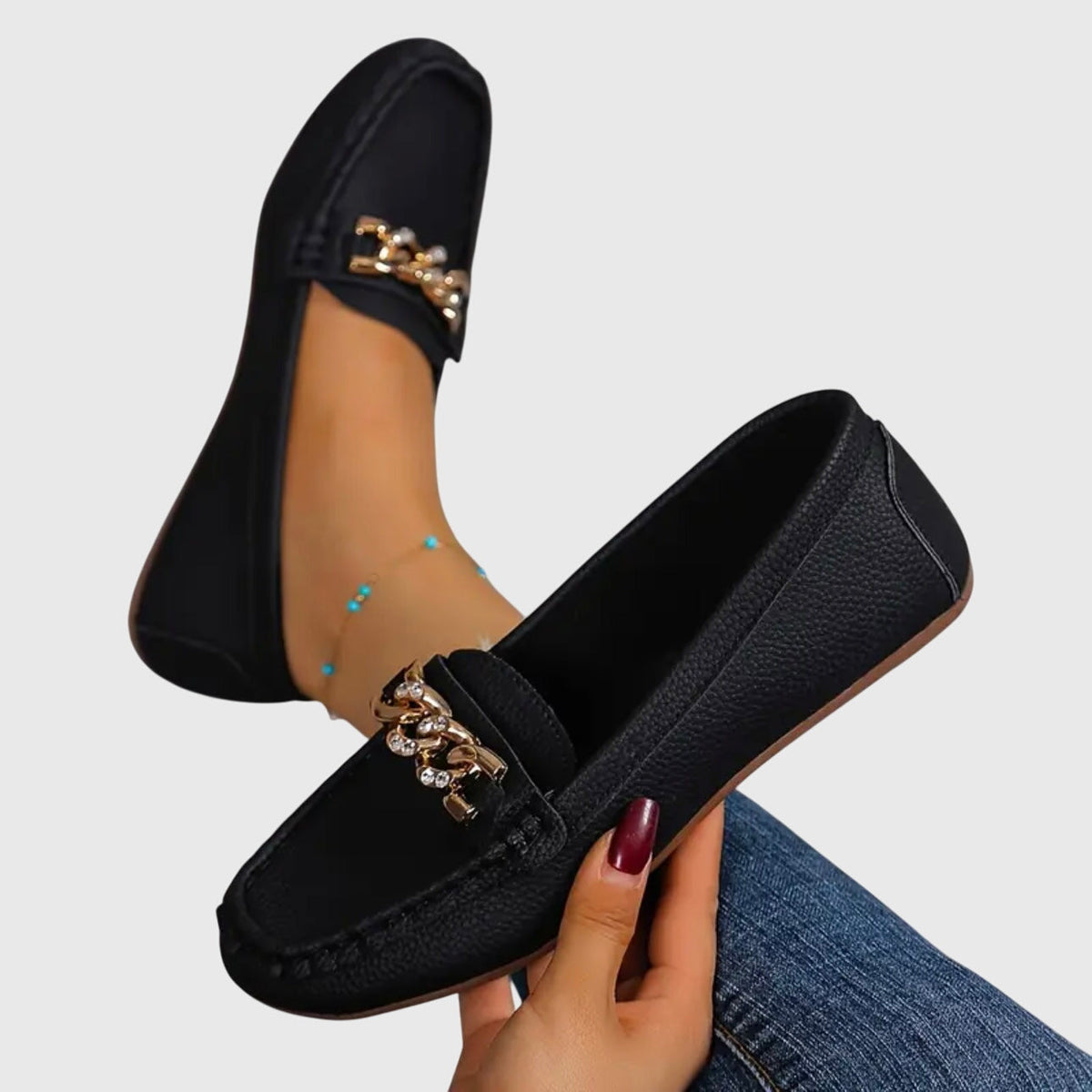 Chique Flat Loafers with Gold Chain Detail and Square Toe