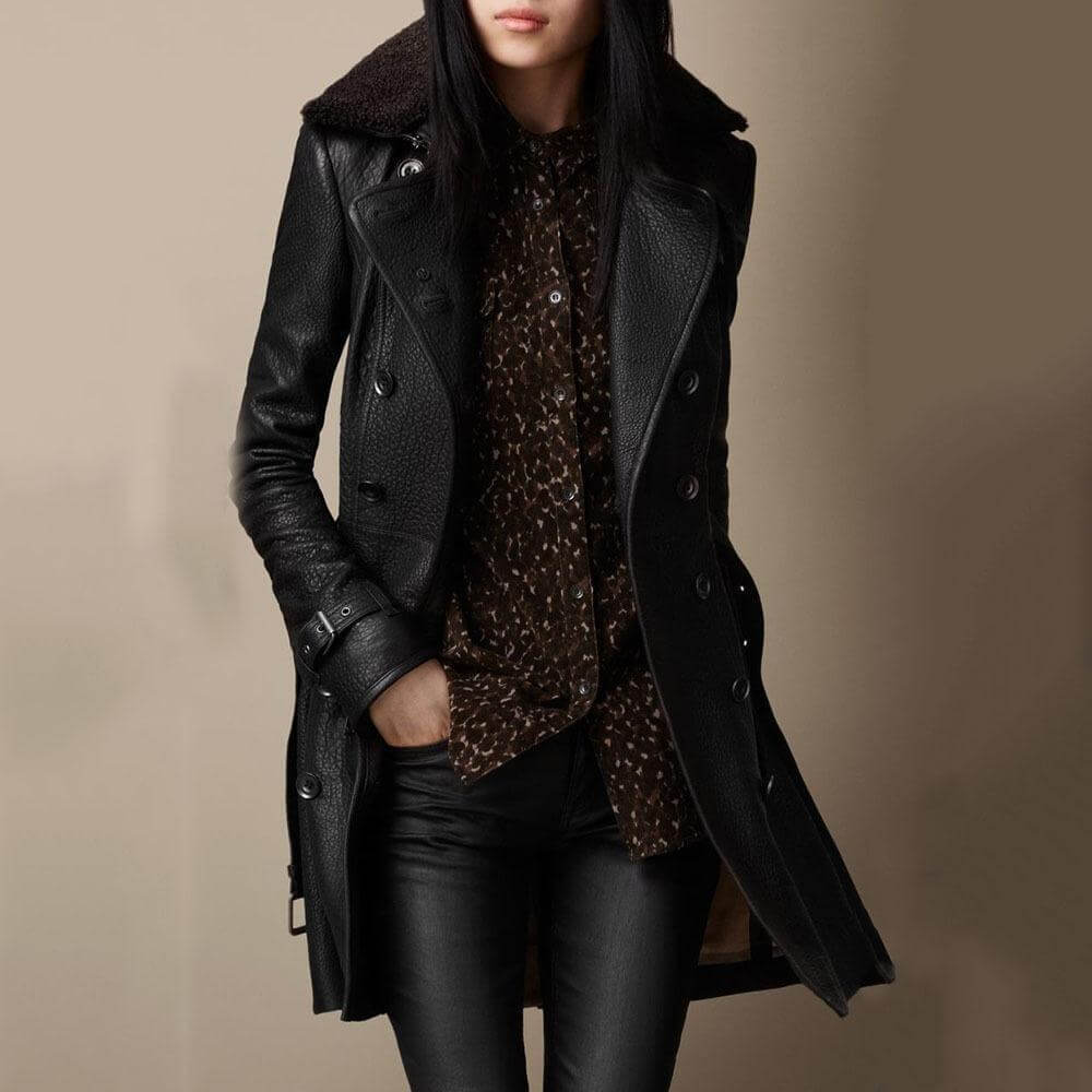 Black Leather Coat with Shearling Collar and Double Breasted Front