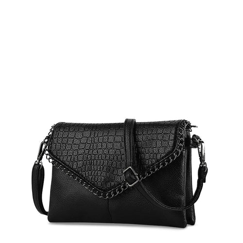 Black Leather Crossbody Bag with Croc Flap and Chain Trim