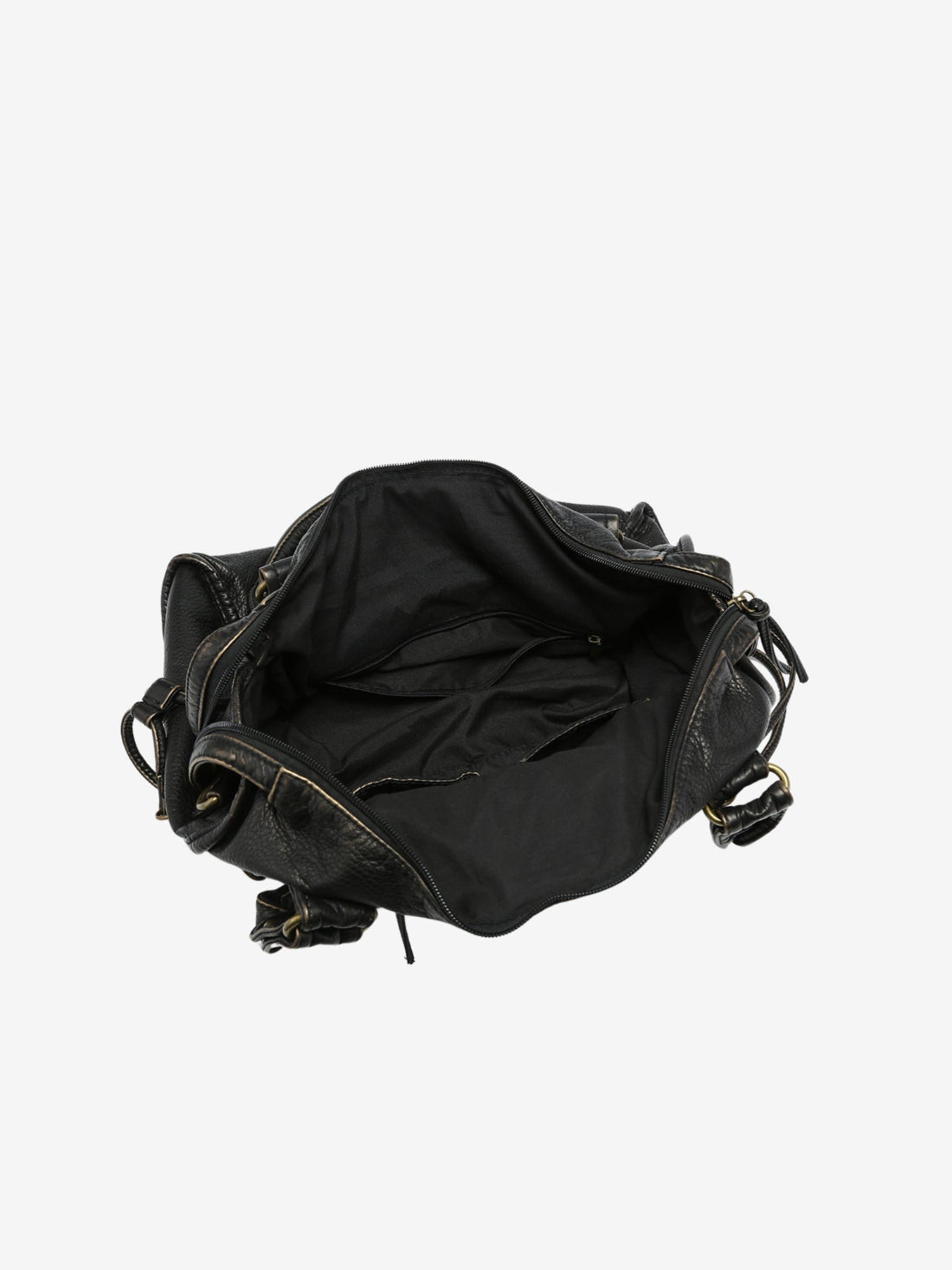 Black Leather Shoulder Bag with Braided Trim and Side Ties