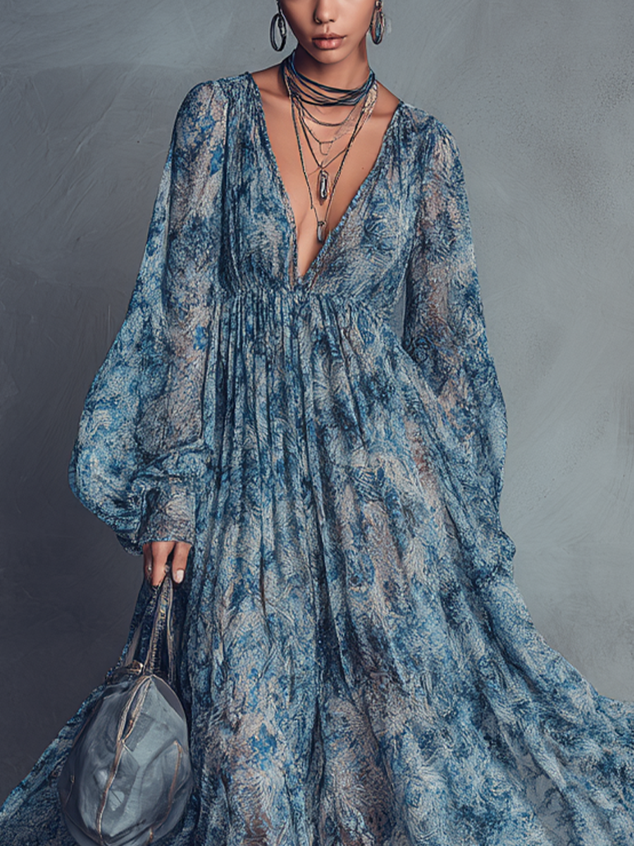 Boho Floral Print Maxi Dress with Deep V-Neckline and Puff Sleeves