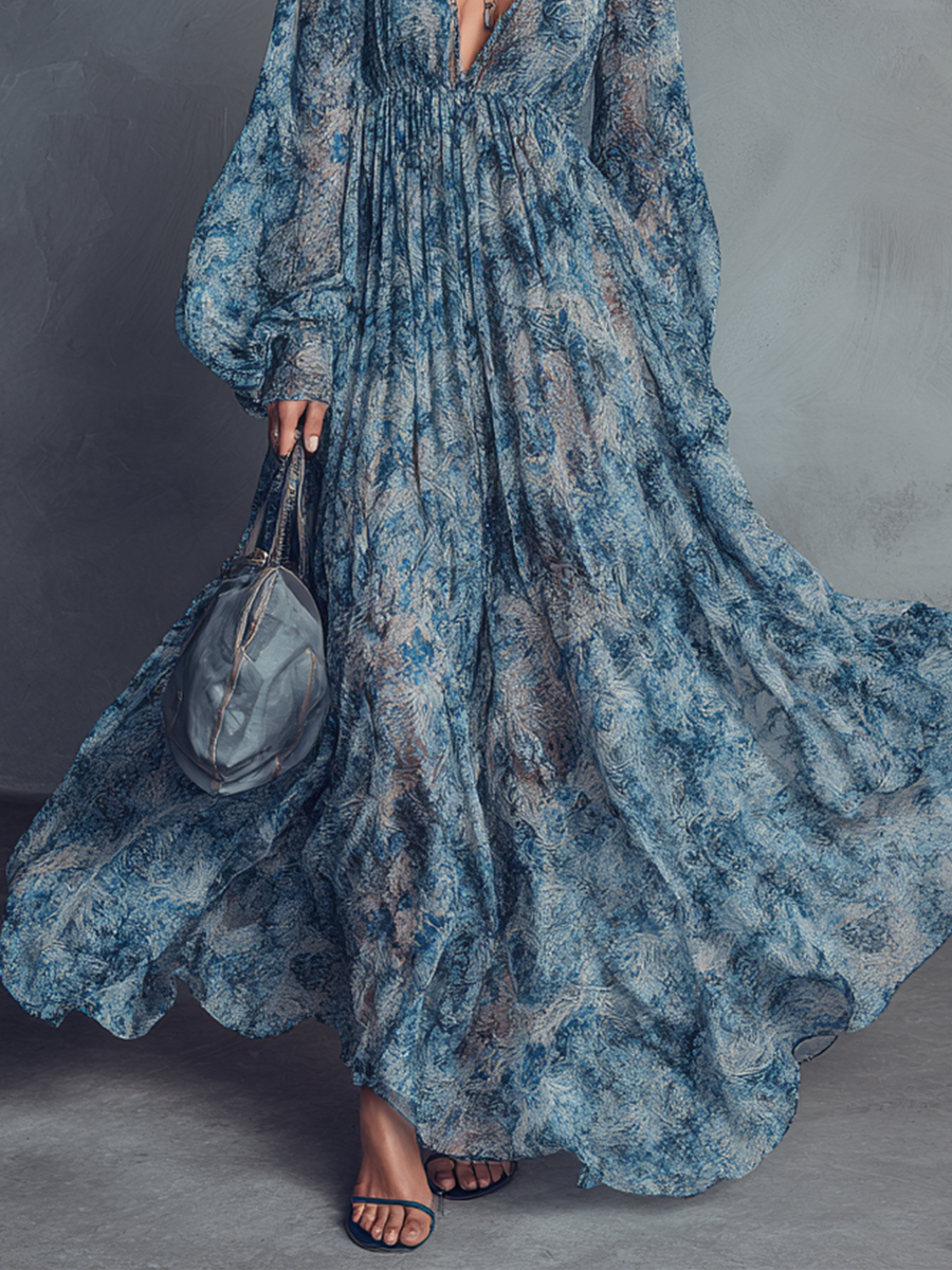 Boho Floral Print Maxi Dress with Deep V-Neckline and Puff Sleeves