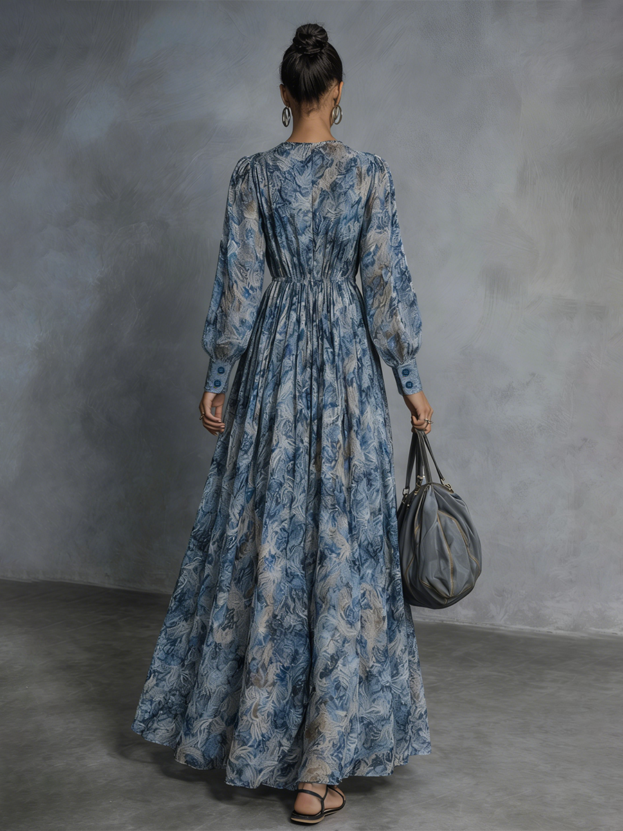 Boho Floral Print Maxi Dress with Deep V-Neckline and Puff Sleeves