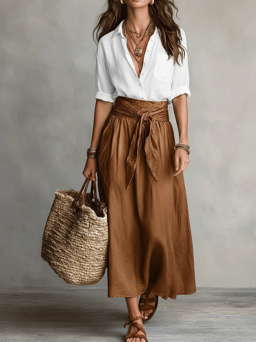 Boho High Waist Linen Maxi Skirt with Tie Waist
