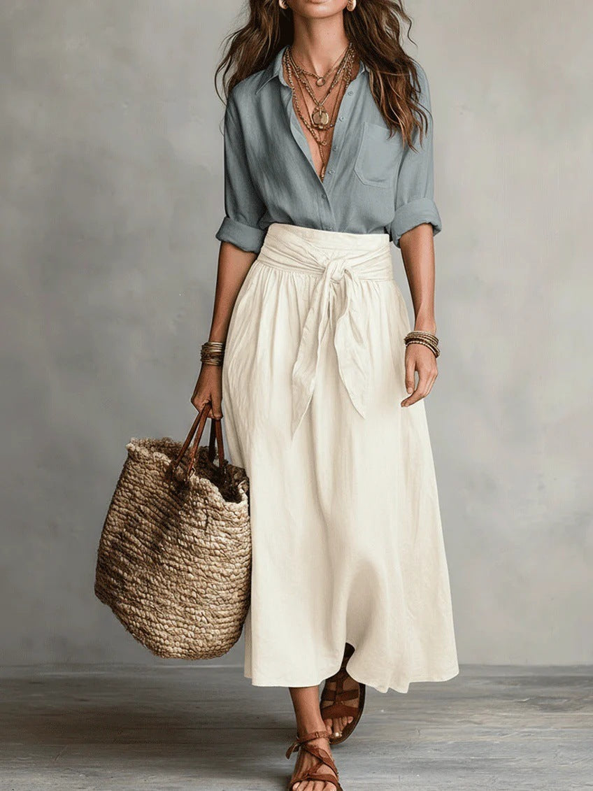 Boho High Waist Linen Maxi Skirt with Tie Waist