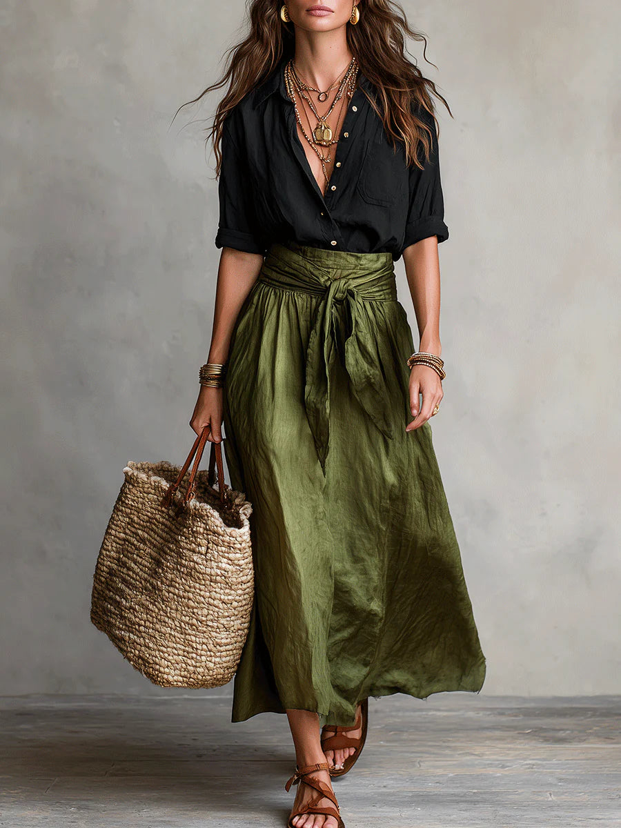 Boho High Waist Linen Maxi Skirt with Tie Waist