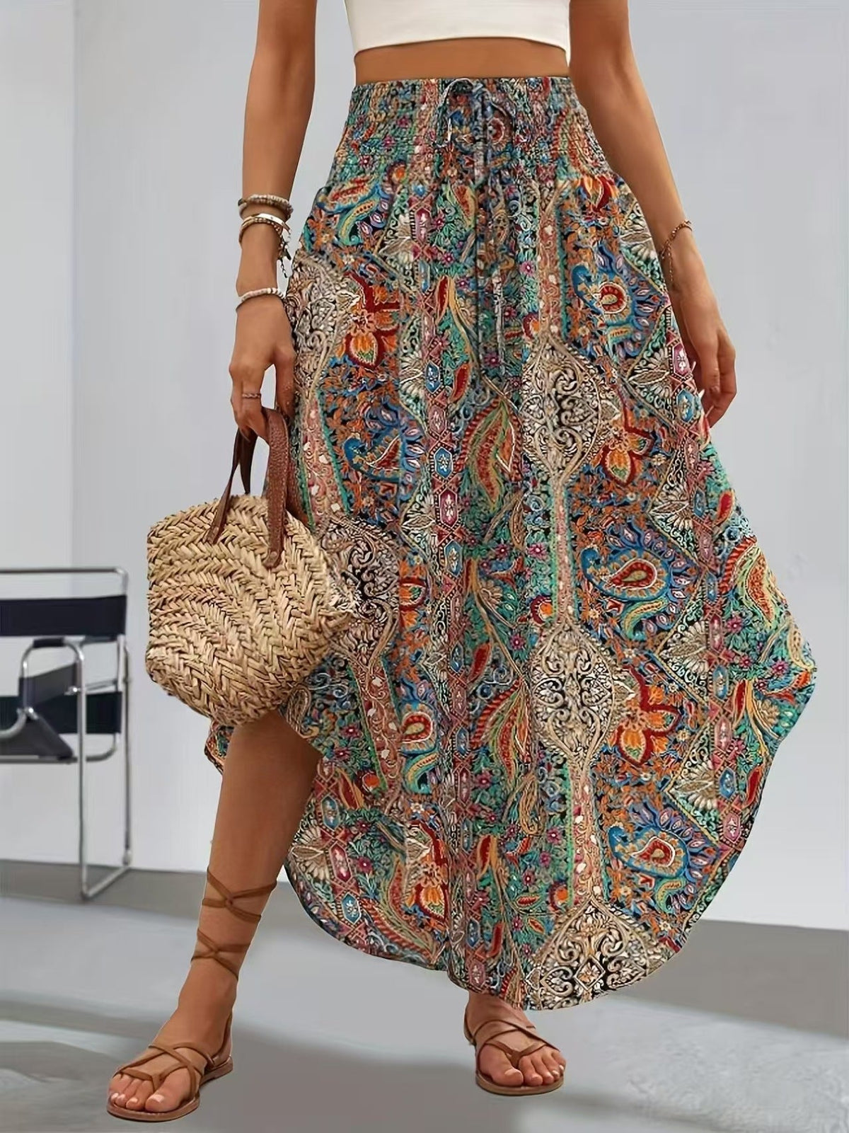 Boho High Waist Maxi Skirt with Paisley Print and Asymmetric Hem