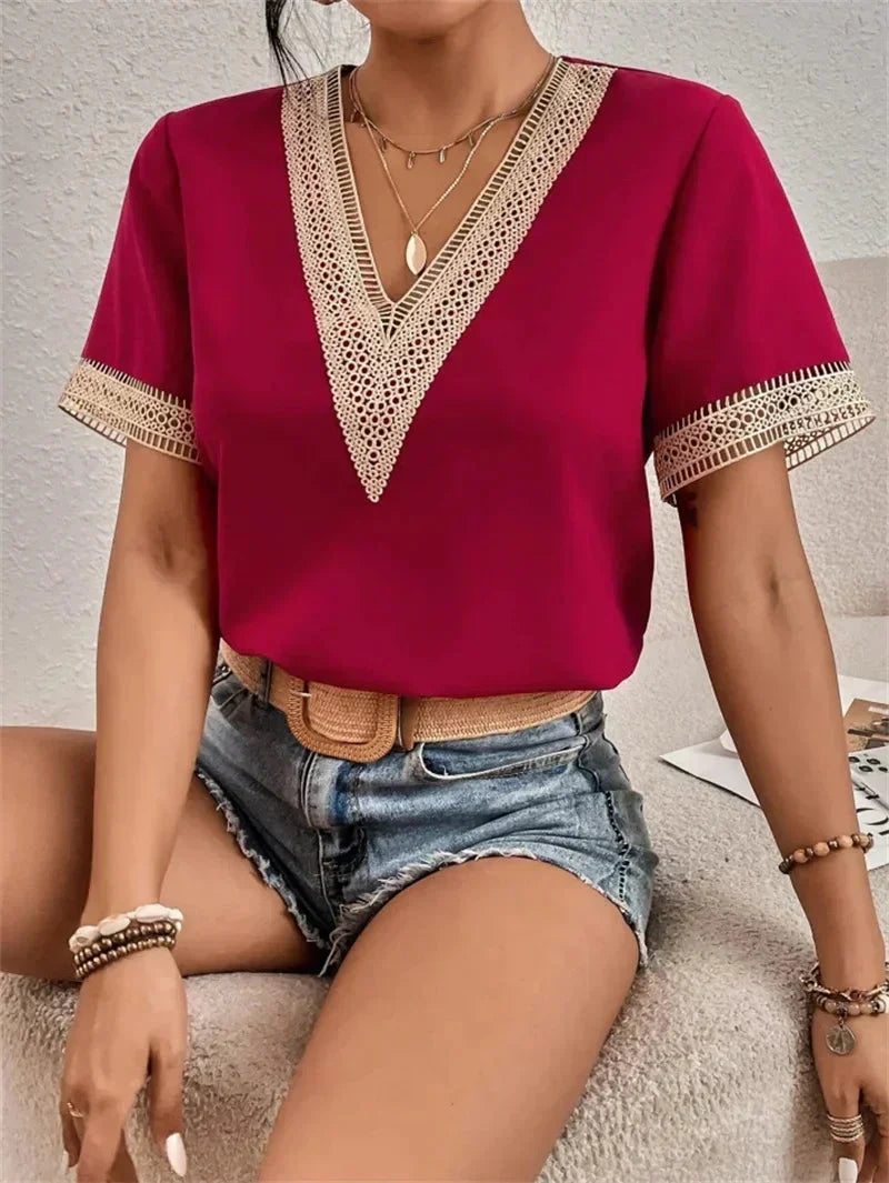 Boho Lace Trim V-Neck Top with Short Sleeves