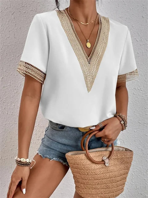 Boho Lace Trim V-Neck Top with Short Sleeves