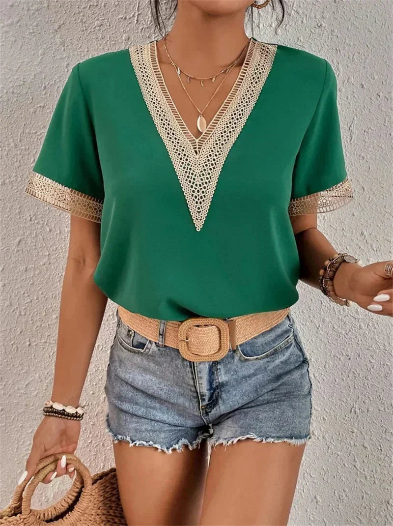 Boho Lace Trim V-Neck Top with Short Sleeves