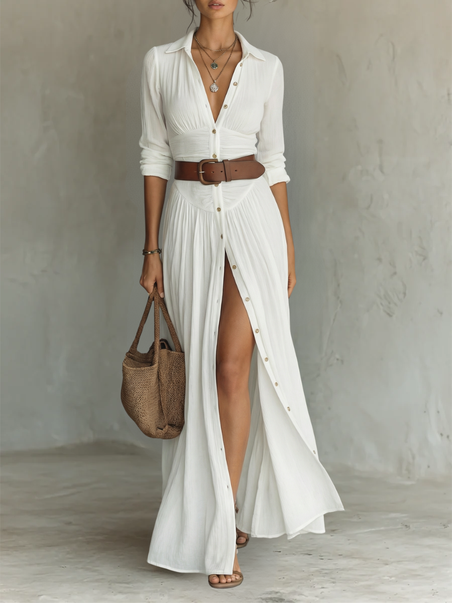 Boho Linen Maxi Dress with Button Front and Long Sleeves