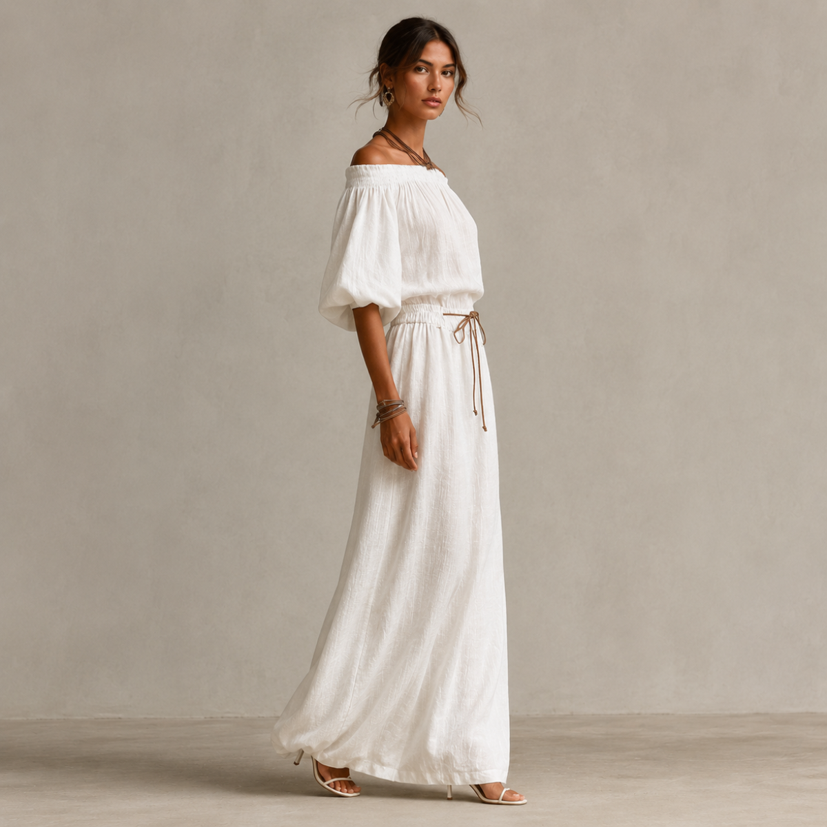 Boho Linen Off Shoulder Maxi Dress with Puff Sleeves and Tie Waist