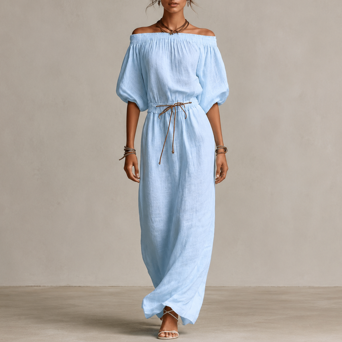 Boho Linen Off Shoulder Maxi Dress with Puff Sleeves and Tie Waist