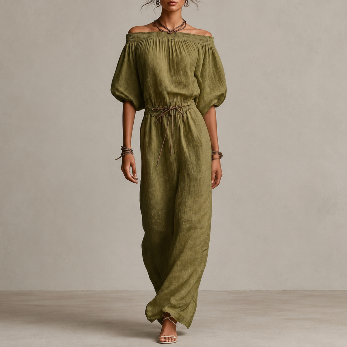 Boho Linen Off Shoulder Maxi Dress with Puff Sleeves and Tie Waist