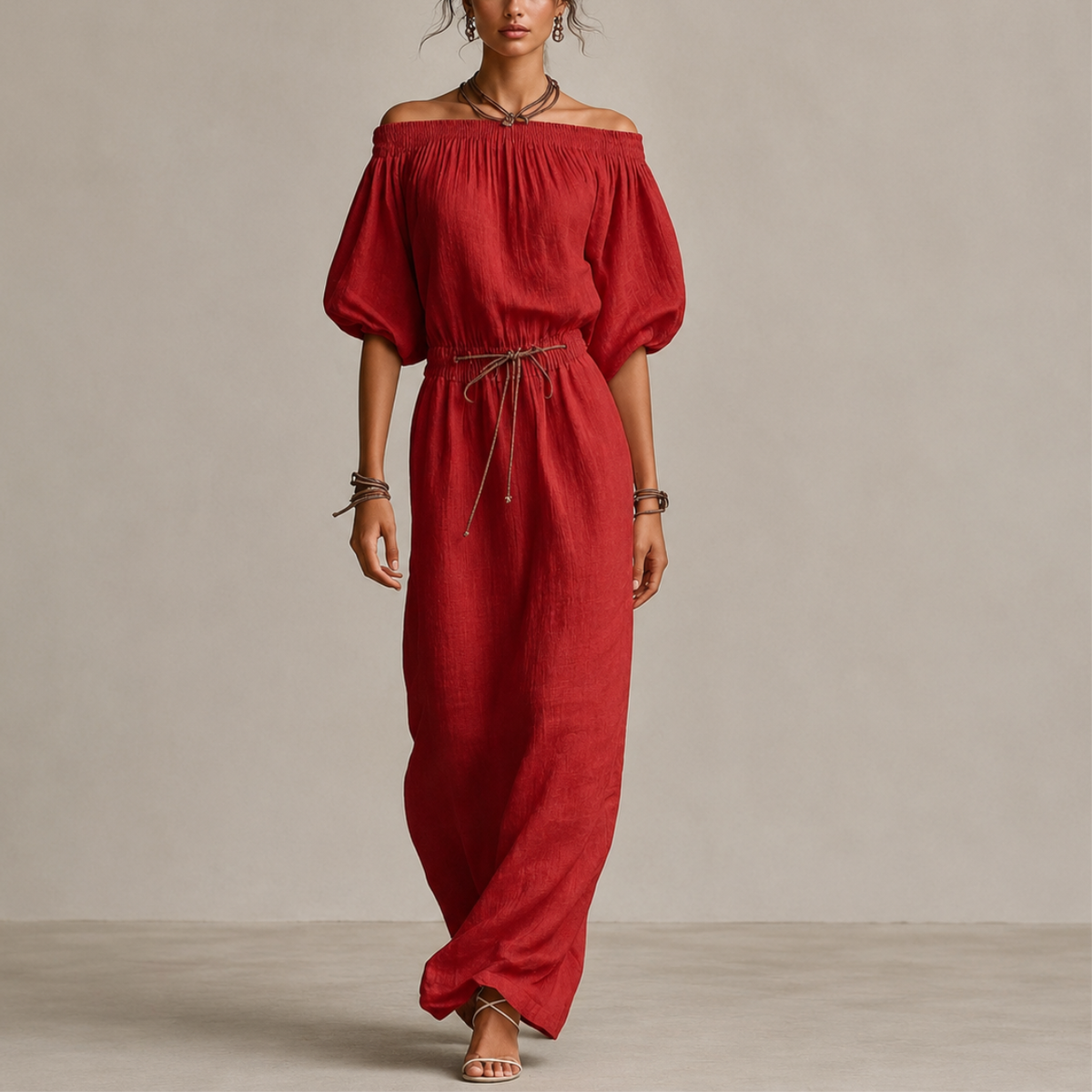 Boho Linen Off Shoulder Maxi Dress with Puff Sleeves and Tie Waist