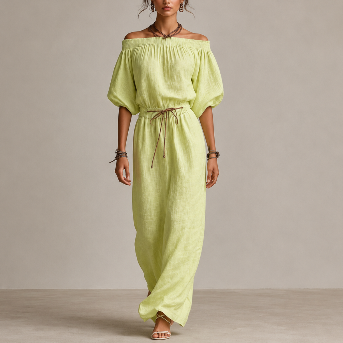 Boho Linen Off Shoulder Maxi Dress with Puff Sleeves and Tie Waist