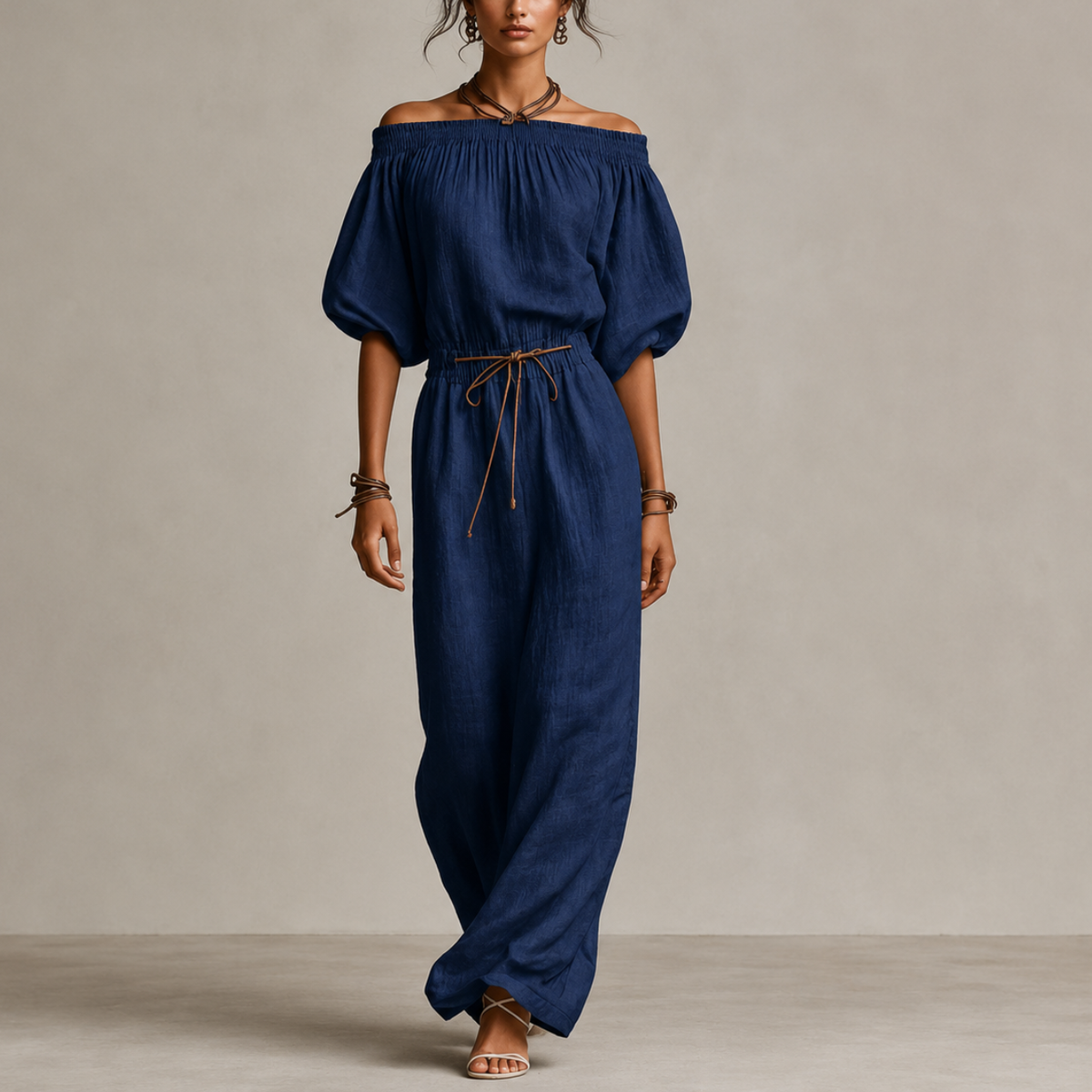 Boho Linen Off Shoulder Maxi Dress with Puff Sleeves and Tie Waist