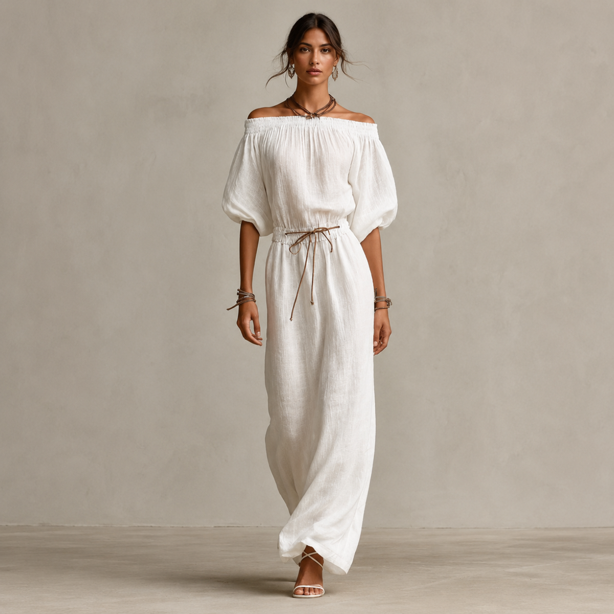 Boho Linen Off Shoulder Maxi Dress with Puff Sleeves and Tie Waist