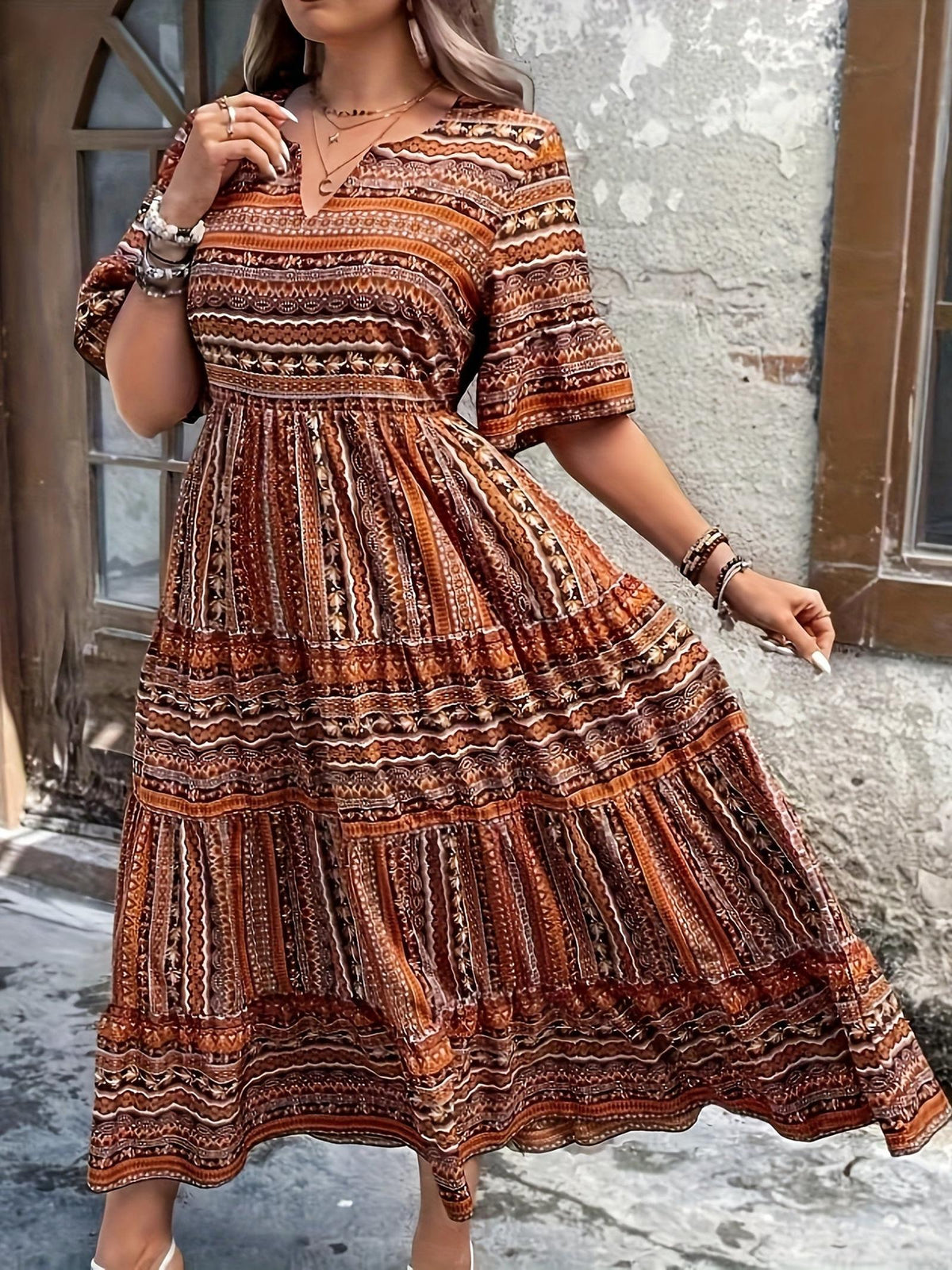 Boho Maxi Dress with Tribal Print and Smocked Waist