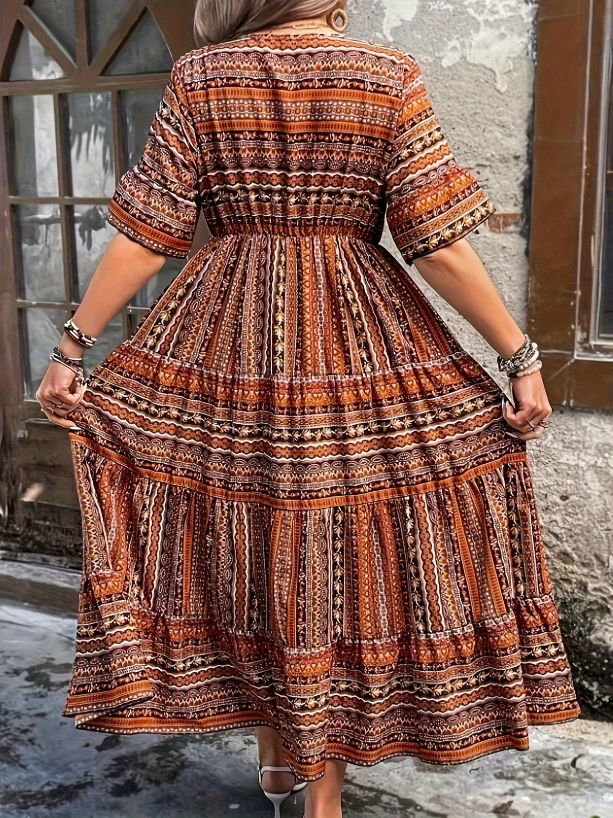 Boho Maxi Dress with Tribal Print and Smocked Waist