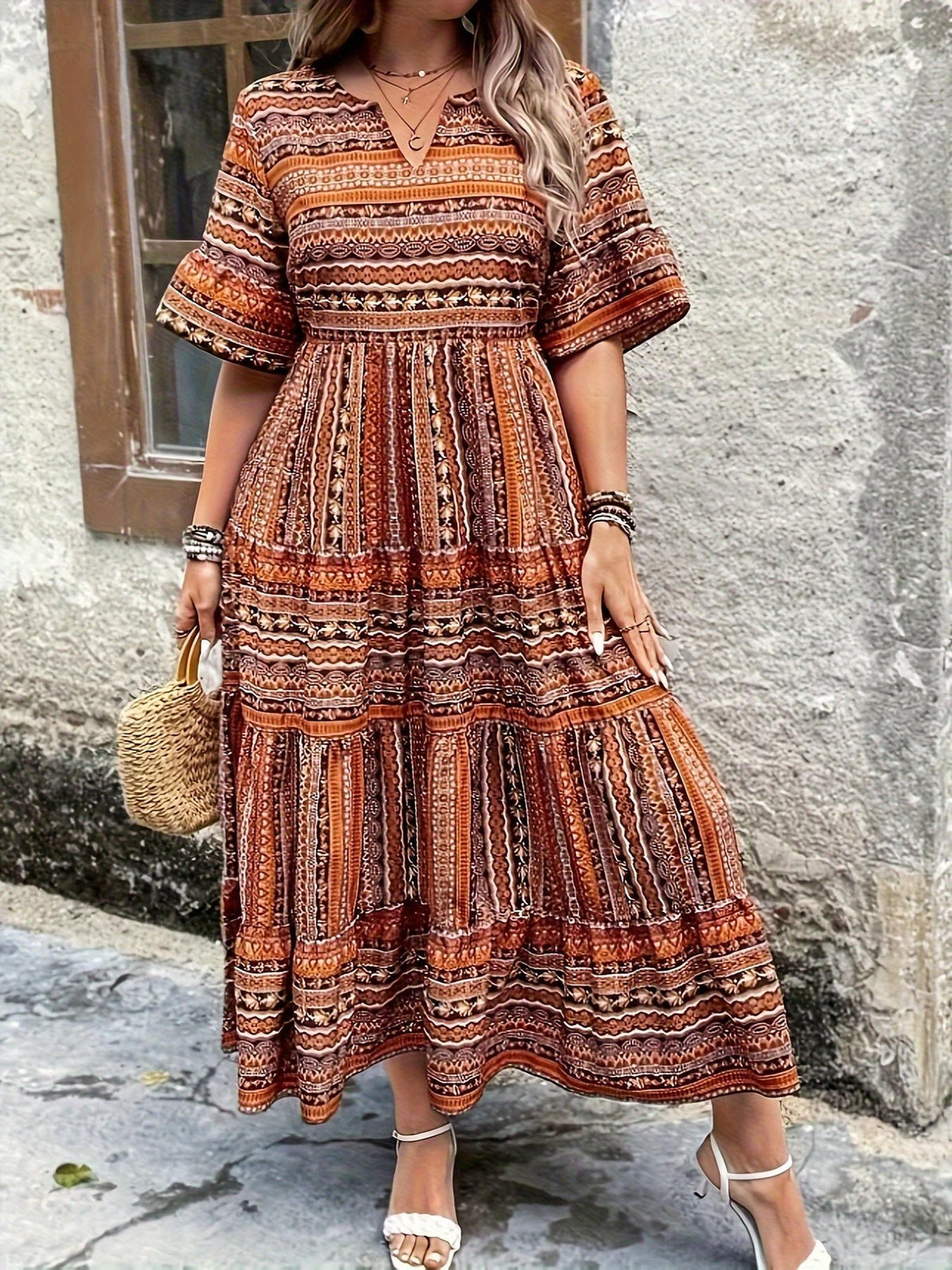 Boho Maxi Dress with Tribal Print and Smocked Waist