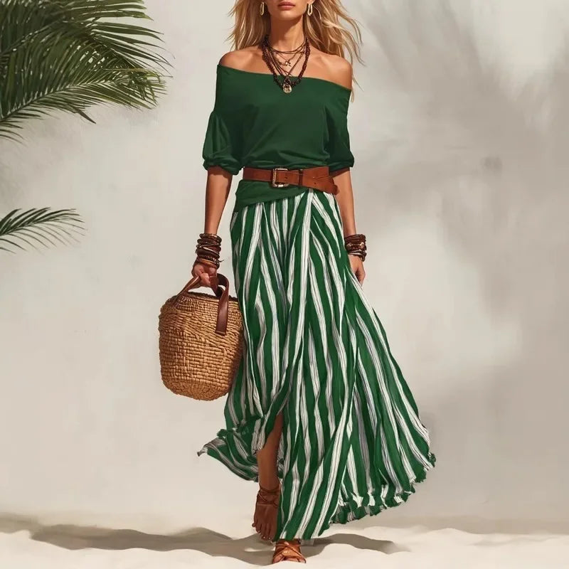 Boho Off Shoulder Two Piece Set with Striped Maxi Skirt