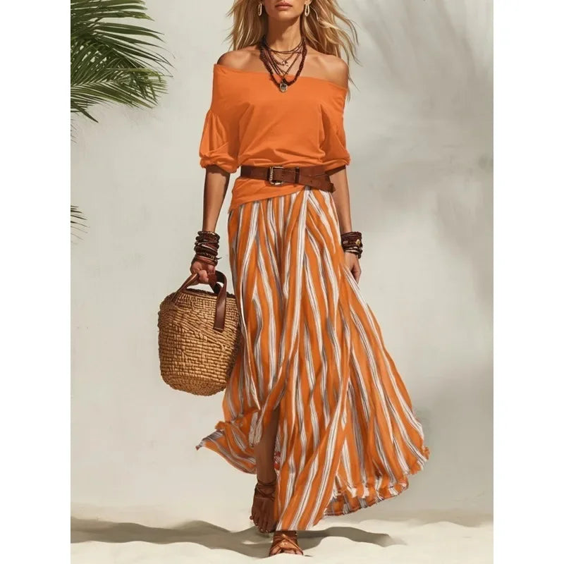 Boho Off Shoulder Two Piece Set with Striped Maxi Skirt