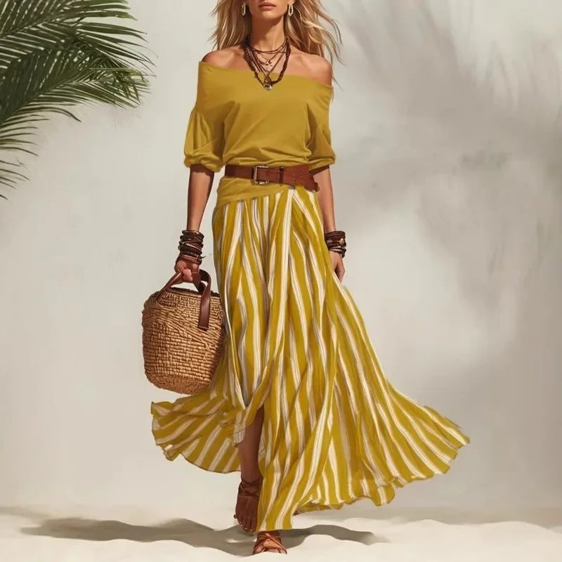 Boho Off Shoulder Two Piece Set with Striped Maxi Skirt