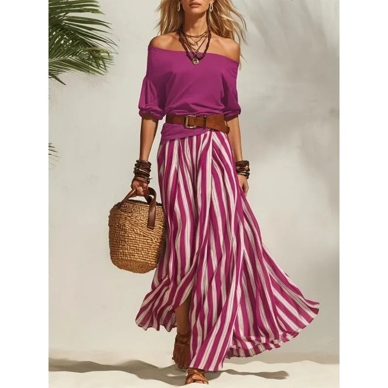 Boho Off Shoulder Two Piece Set with Striped Maxi Skirt