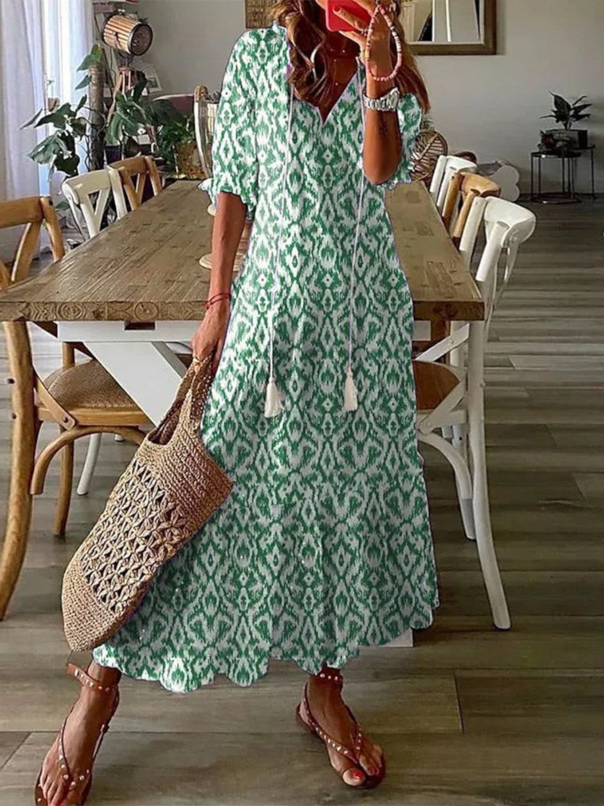 Boho Printed Maxi Dress with V-Neckline and Tassel Tie