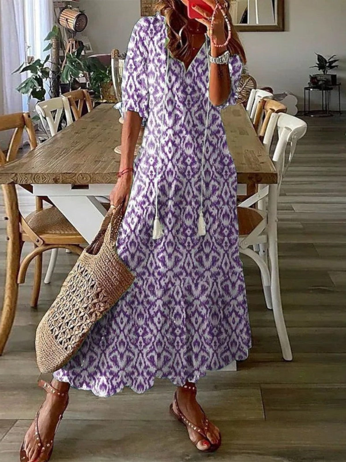 Boho Printed Maxi Dress with V-Neckline and Tassel Tie