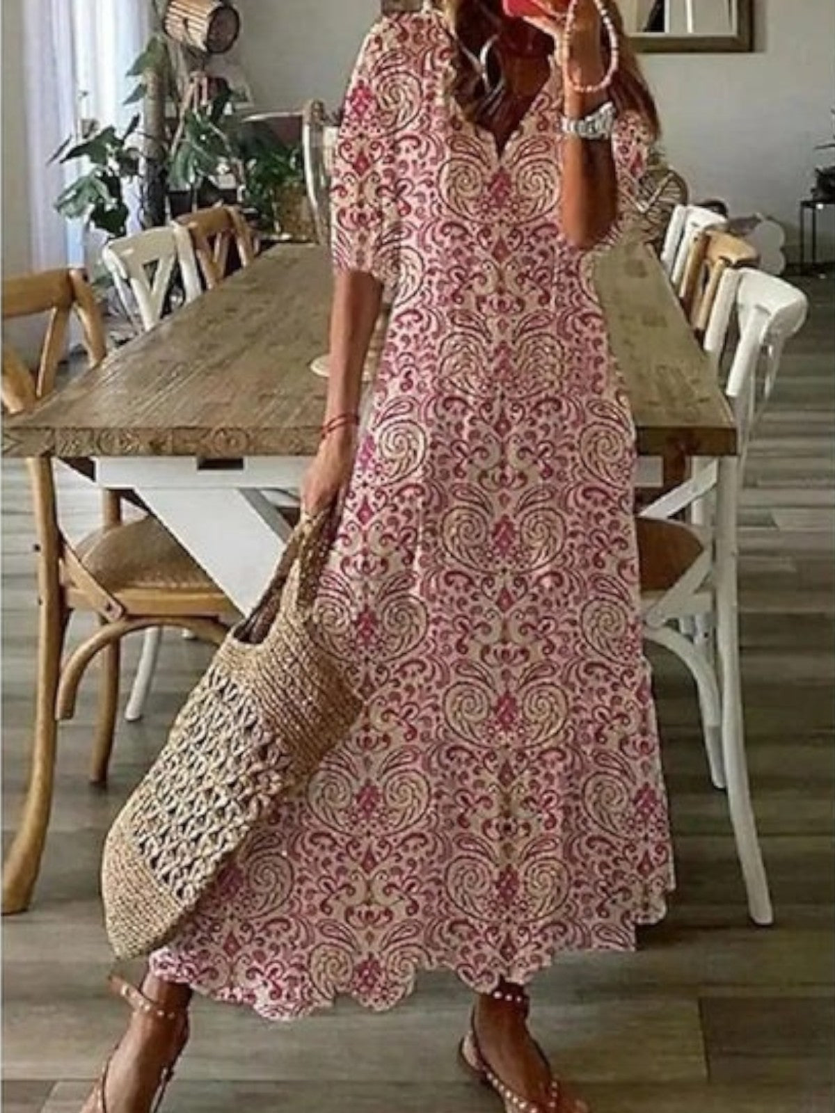 Boho Printed Maxi Dress with V-Neckline and Tassel Tie