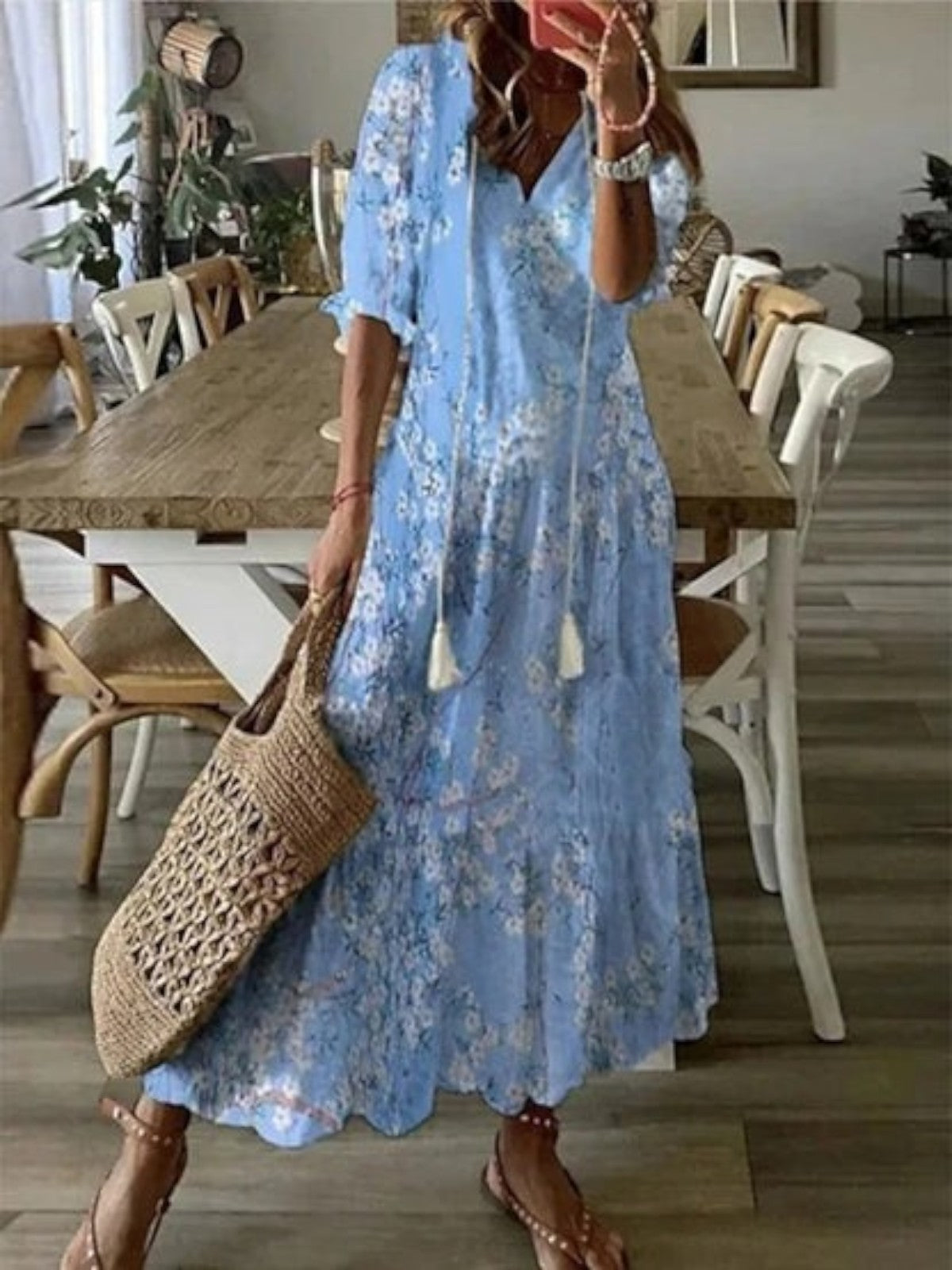 Boho Printed Maxi Dress with V-Neckline and Tassel Tie