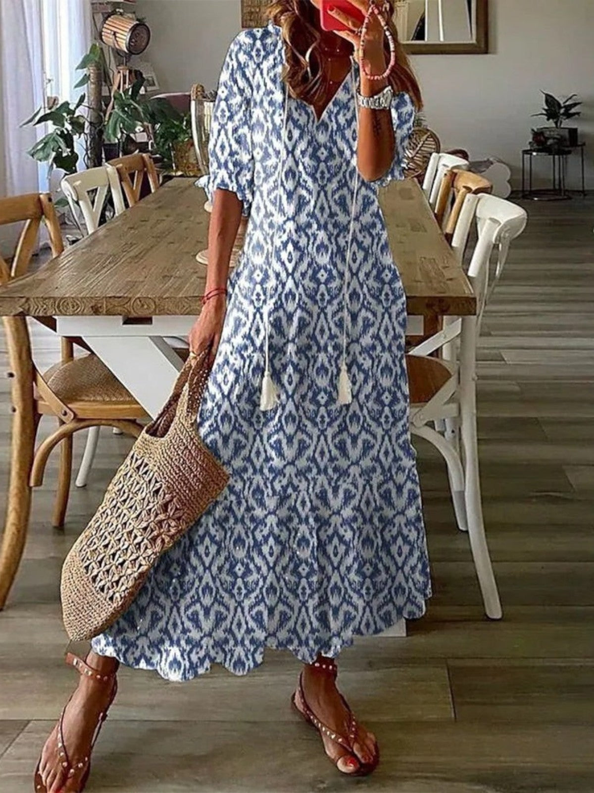 Boho Printed Maxi Dress with V-Neckline and Tassel Tie