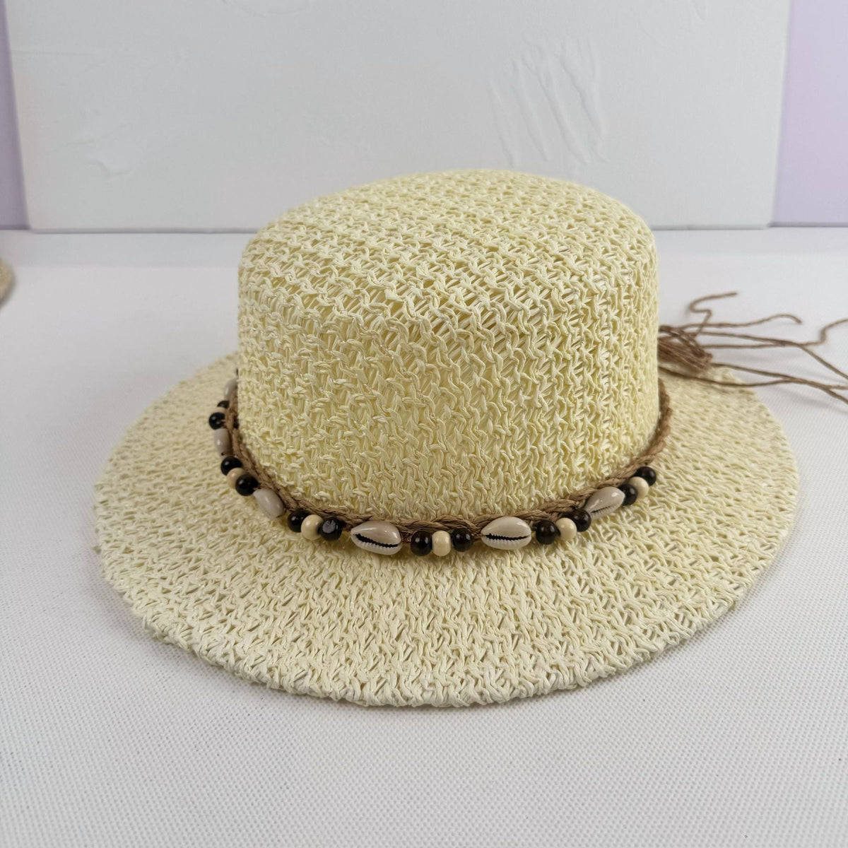 Boho Straw Sun Hat with Cowrie Shell and Bead Band