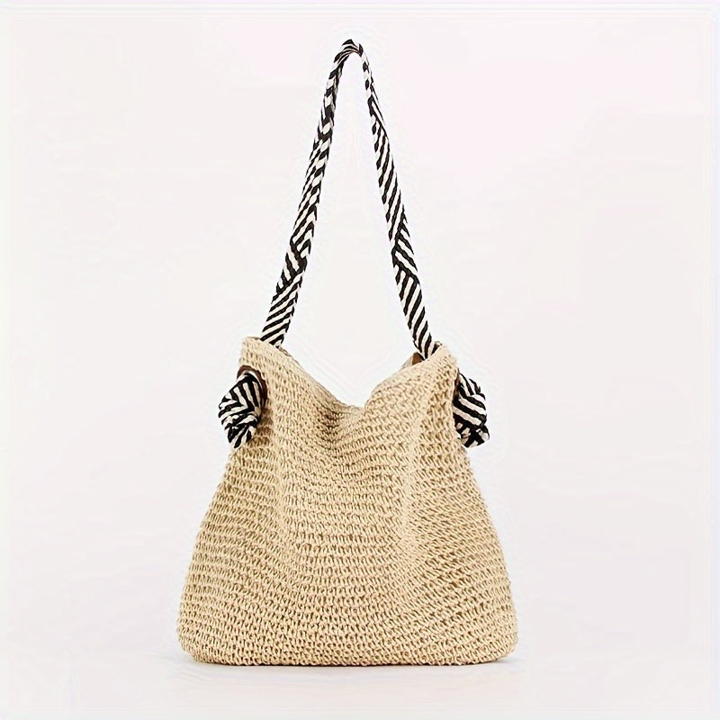 Boho Woven Straw Shoulder Bag with Striped Fabric Strap