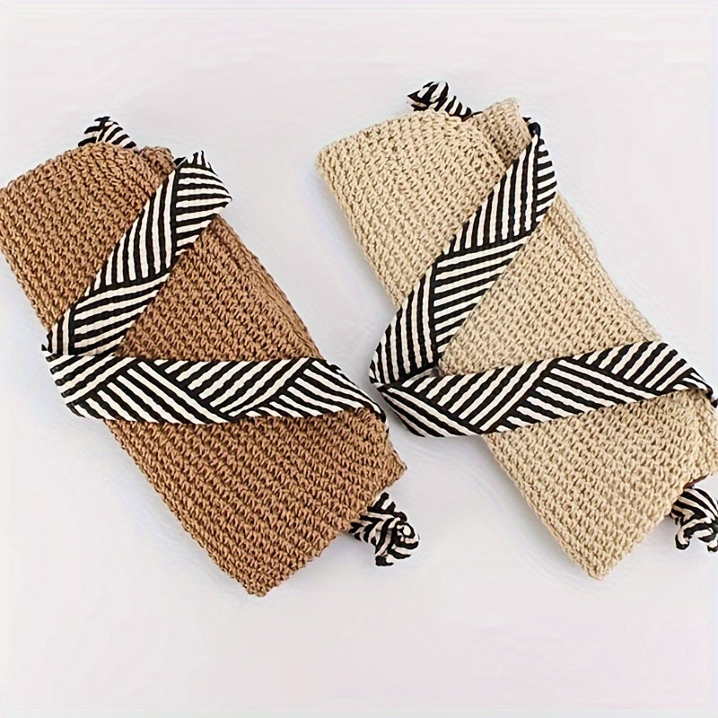 Boho Woven Straw Shoulder Bag with Striped Fabric Strap