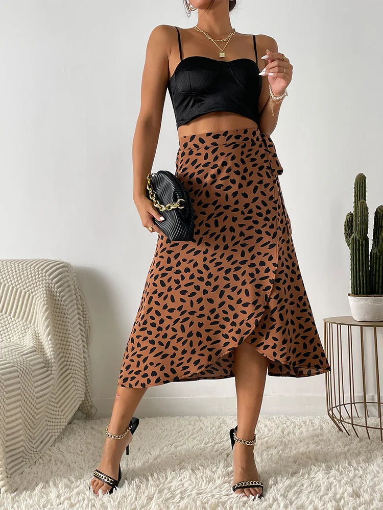 Bold High Waist Leopard Print Midi Skirt with Tie Waist