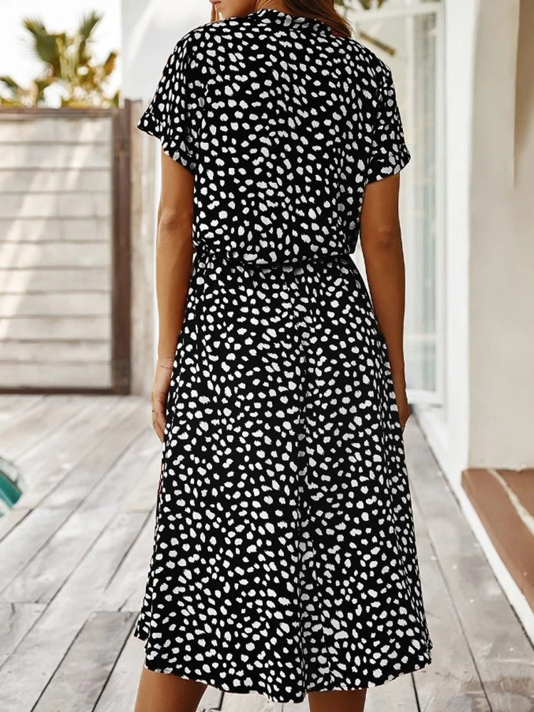 Relaxed Linen Spotted Midi Dress with Drawstring Waist