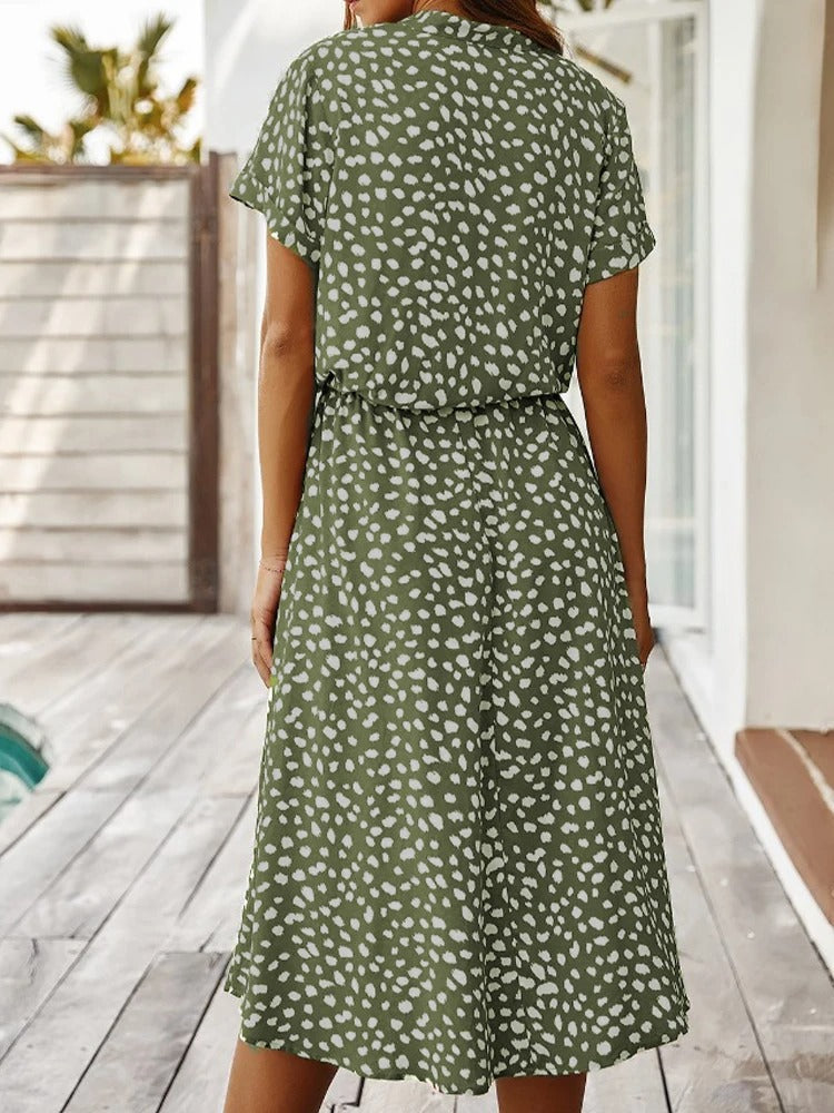 Relaxed Linen Spotted Midi Dress with Drawstring Waist