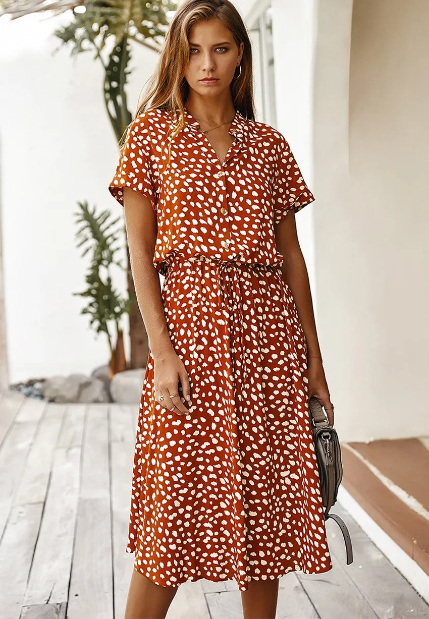 Relaxed Linen Spotted Midi Dress with Drawstring Waist