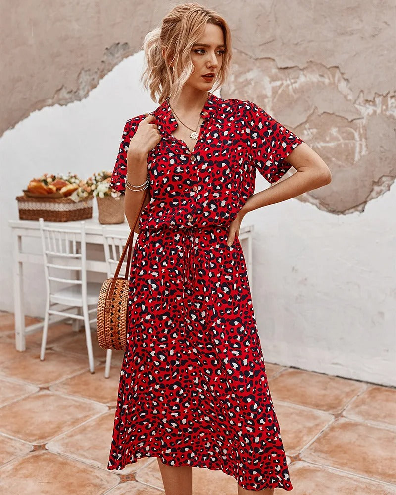 Relaxed Linen Spotted Midi Dress with Drawstring Waist