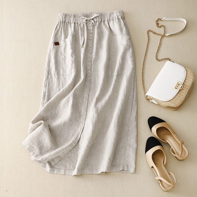 Casual Linen Midi Skirt with Elasticated Waist and Button Front