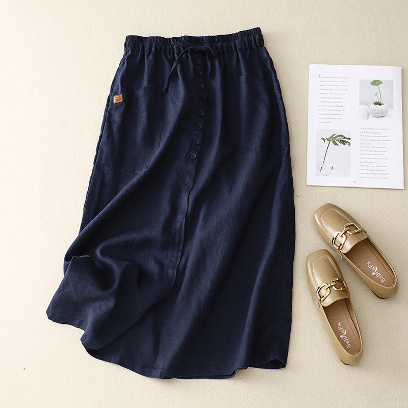 Casual Linen Midi Skirt with Elasticated Waist and Button Front