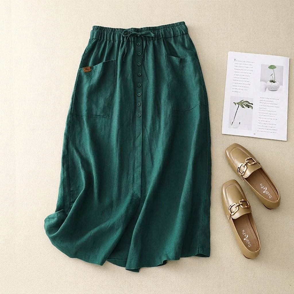 Casual Linen Midi Skirt with Elasticated Waist and Button Front