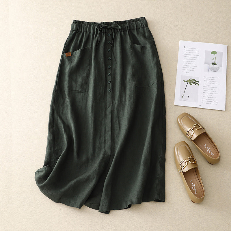 Casual Linen Midi Skirt with Elasticated Waist and Button Front