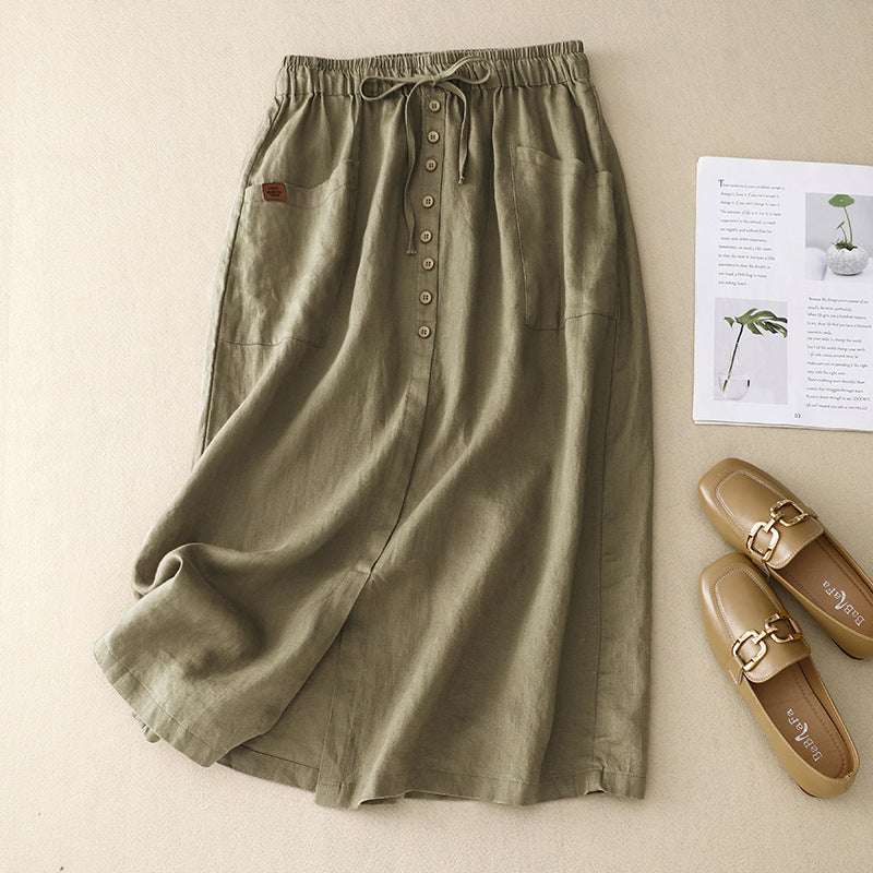 Casual Linen Midi Skirt with Elasticated Waist and Button Front