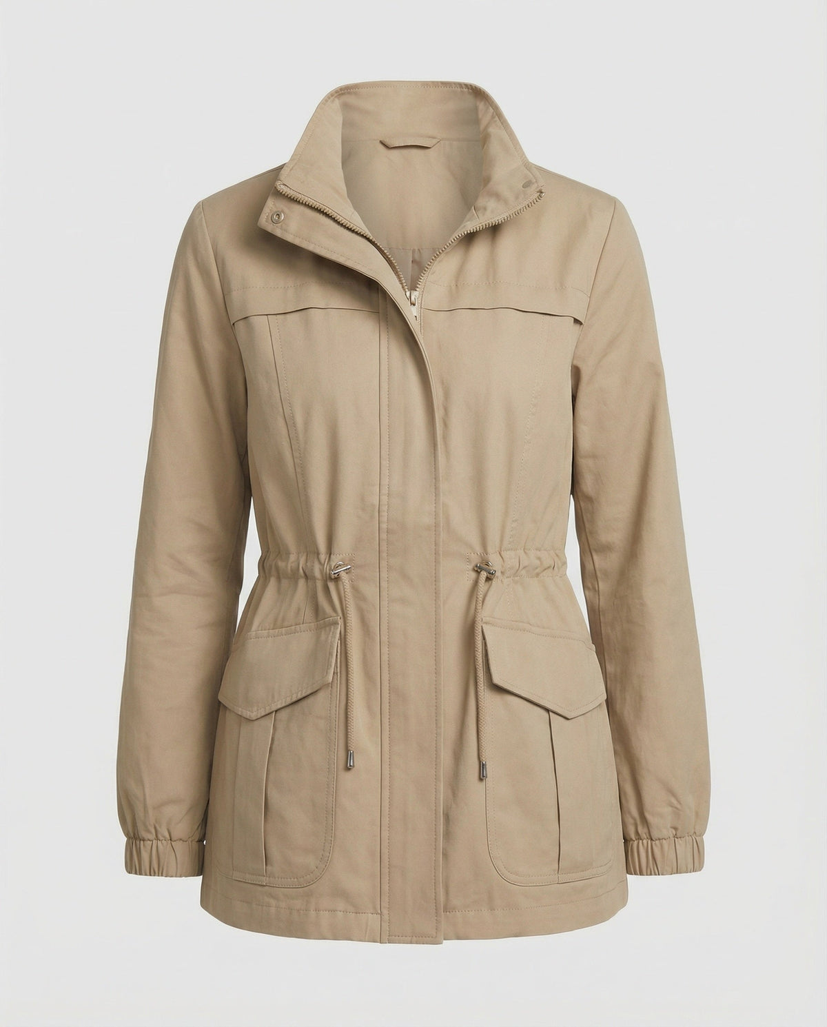 Casual Utility Jacket with Drawstring Waist and Flap Pockets