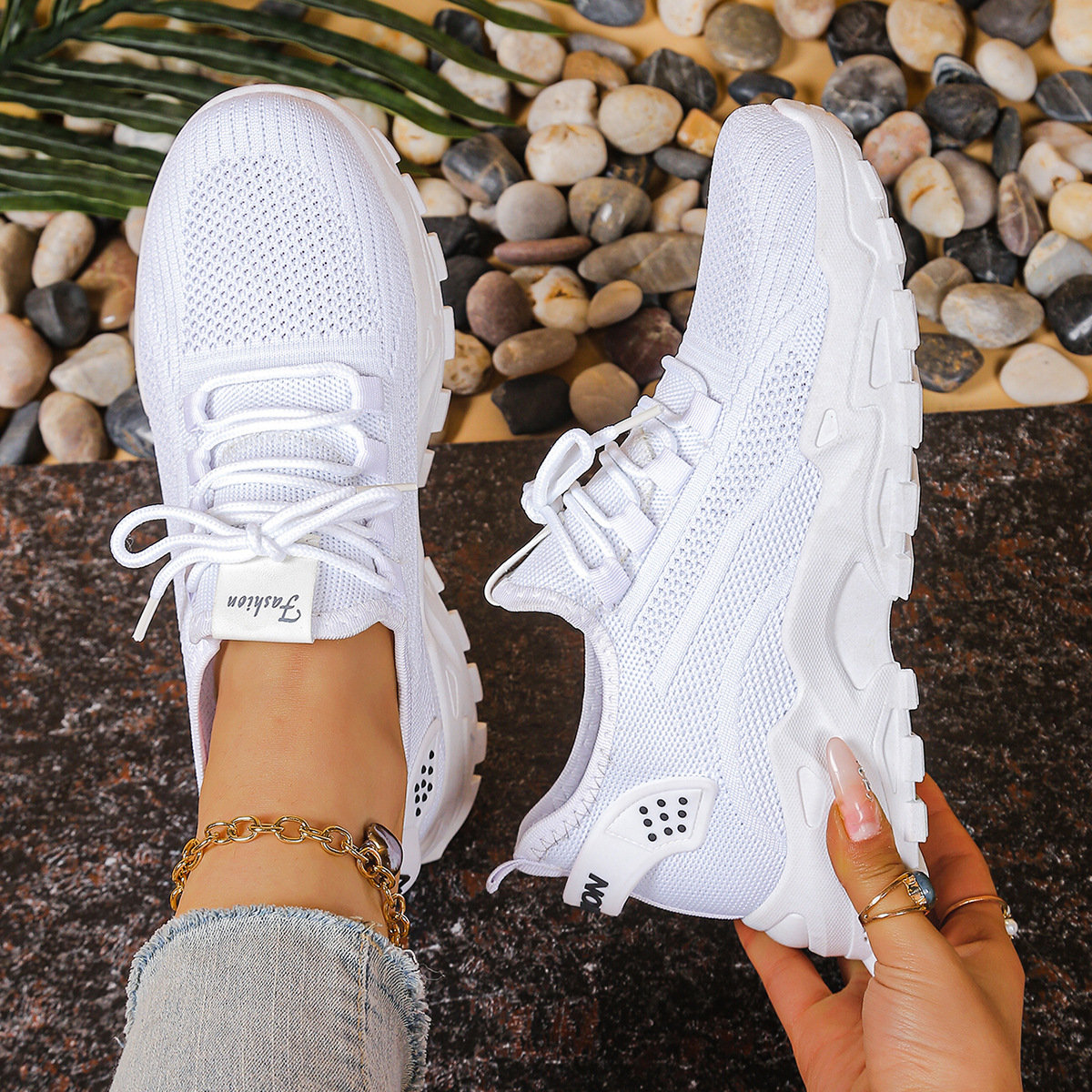 Chunky Sole Knit Sneakers with Lace Up Front and Stripe Detail